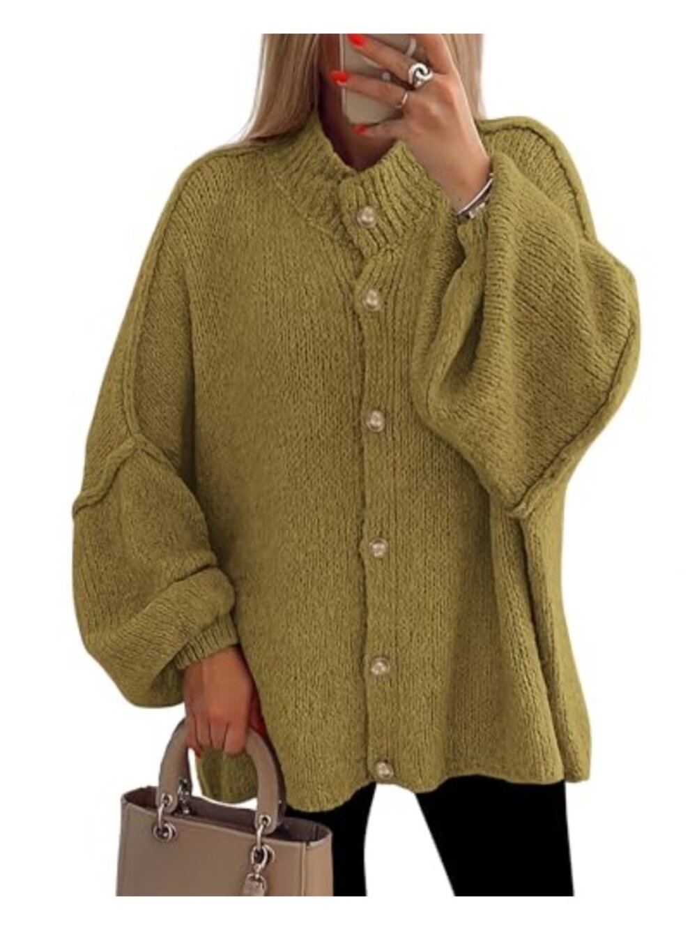 Oversized Chunky Knit Cardigan Sweater Button Down Mock Neck Lantern Sleeve